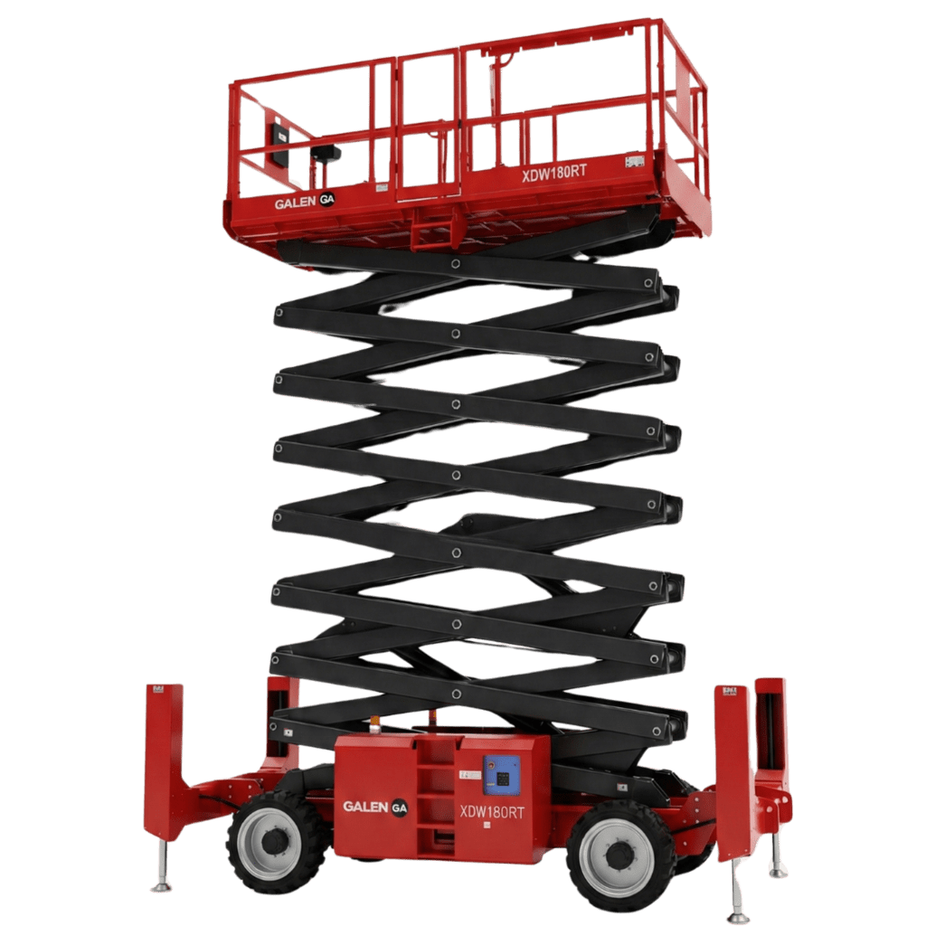 Rough terrain scissor lift for outdoor construction and industrial use