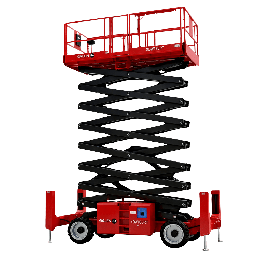 Galen Equipment XDW180RT rough terrain scissor lift with 4WD for outdoor construction sites
