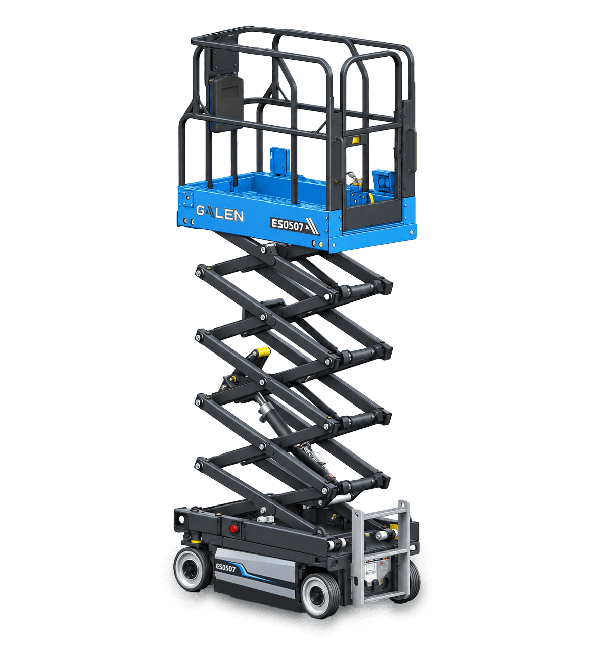 Galen ES0507 electric scissor lift passing through a doorway with guardrails raised